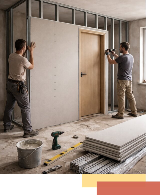 Перегородка из гипсокартона с дверью под ключ в Кирове