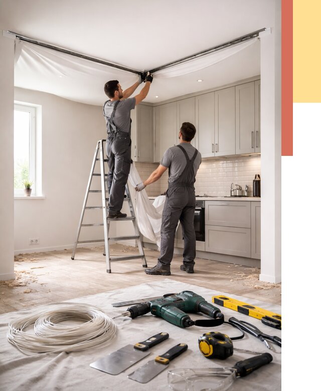 Установка натяжного потолка на кухне в Кирове от 2487 руб. | ОТДЕЛОЧНИК-Кри