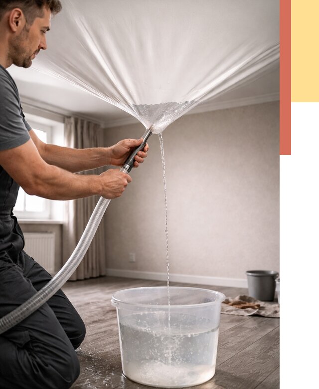 Слив воды с натяжного потолка в Кирове от 2591 руб. быстро и недорого | ОТДЕЛОЧНИК-Кри